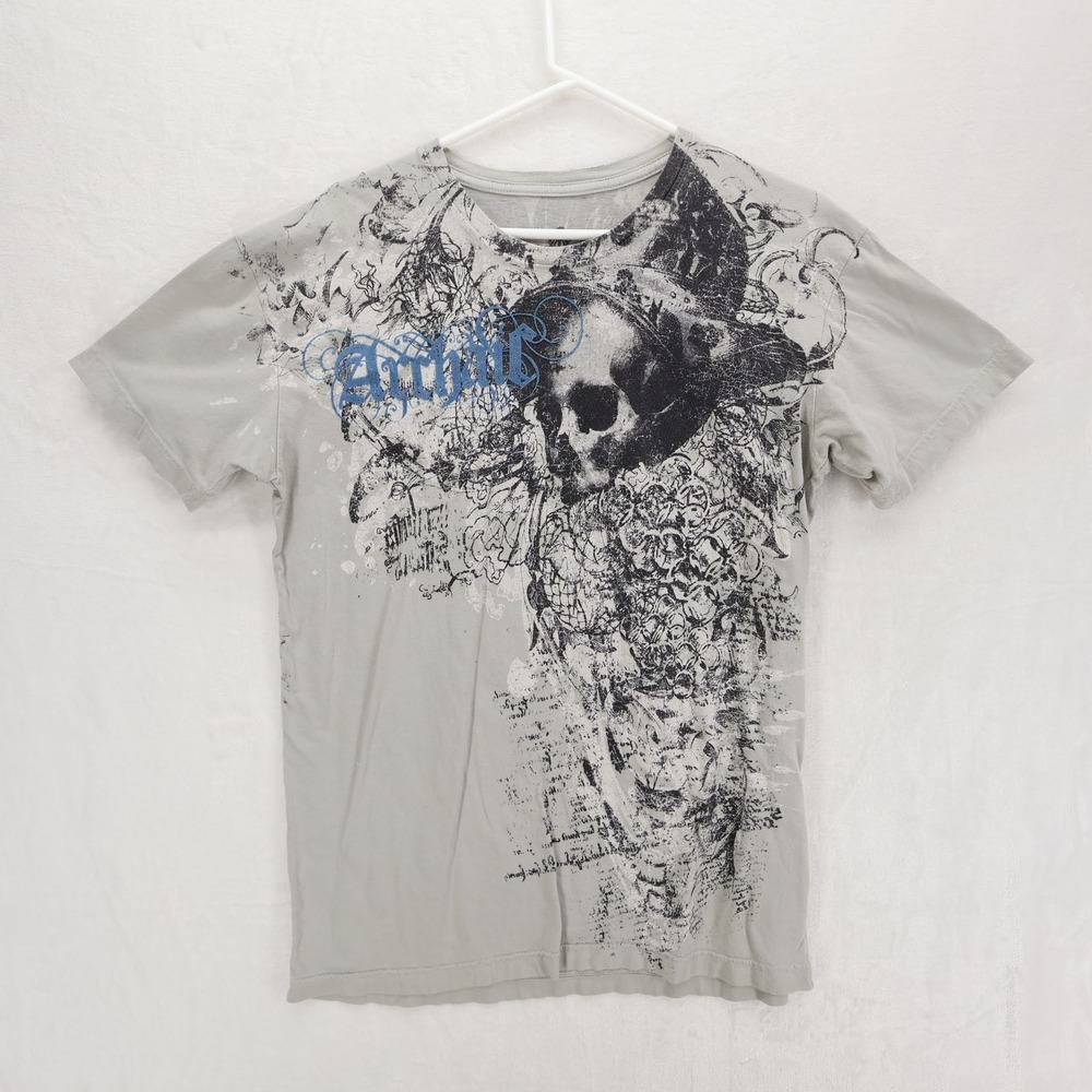 Archaic Mens Gray Skull Graphic T-Shirt Large Gothic MMA Biker Tattoo Tee